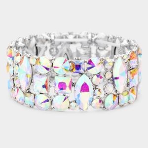 Silver Abalone Geometric Cut Cluster Stone Evening Crystal Stretch Bracelet